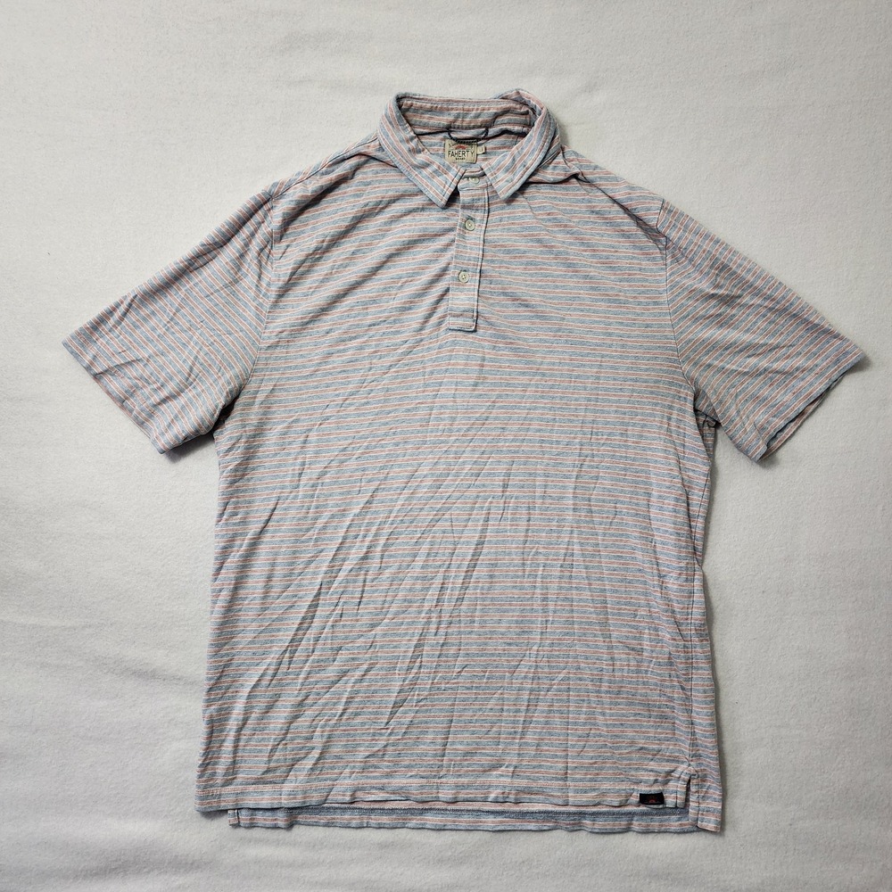 Faherty Polo Shirt Men Large Blue Red Striped Short Sleeve Preppy Cotton Golf